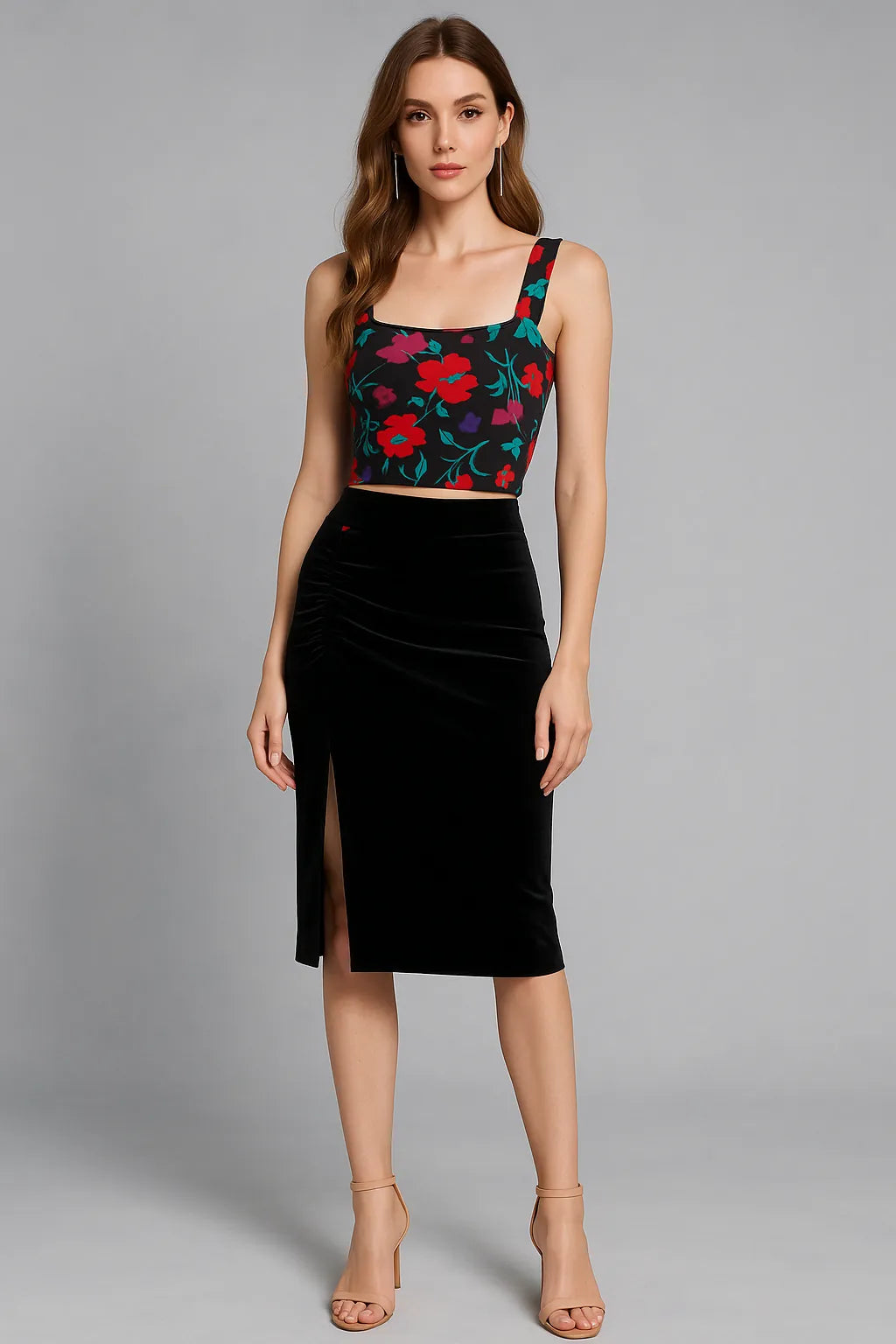 Woman wearing a floral tango top and black tango skirt on a gray background