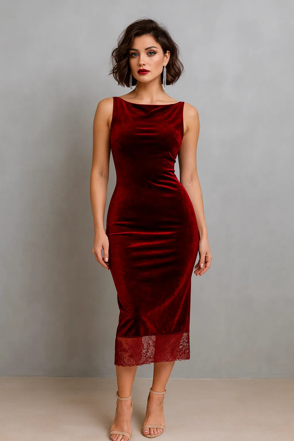 Refined silky velvet tango dress with lace hem