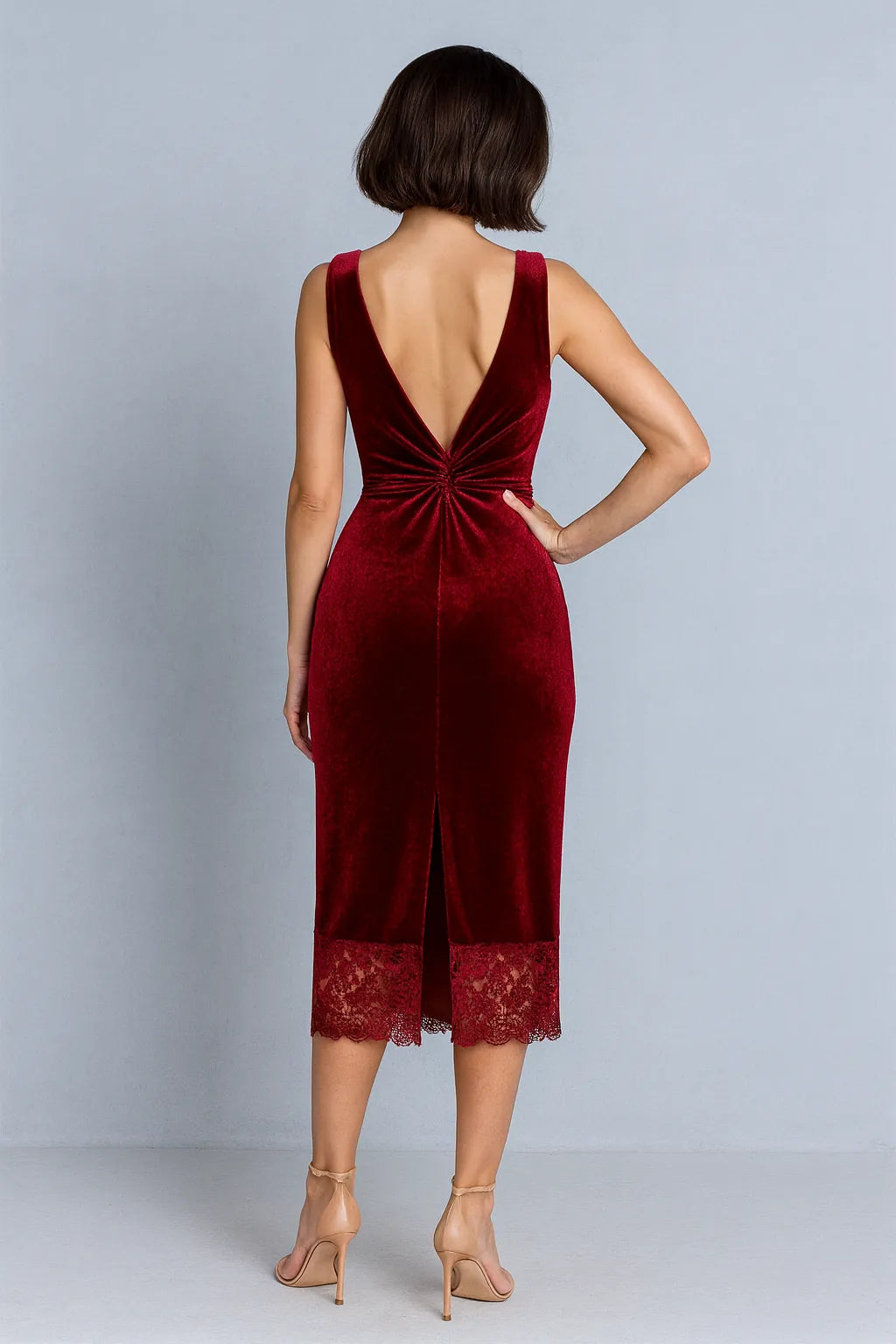 Refined silky velvet tango dress with lace hem