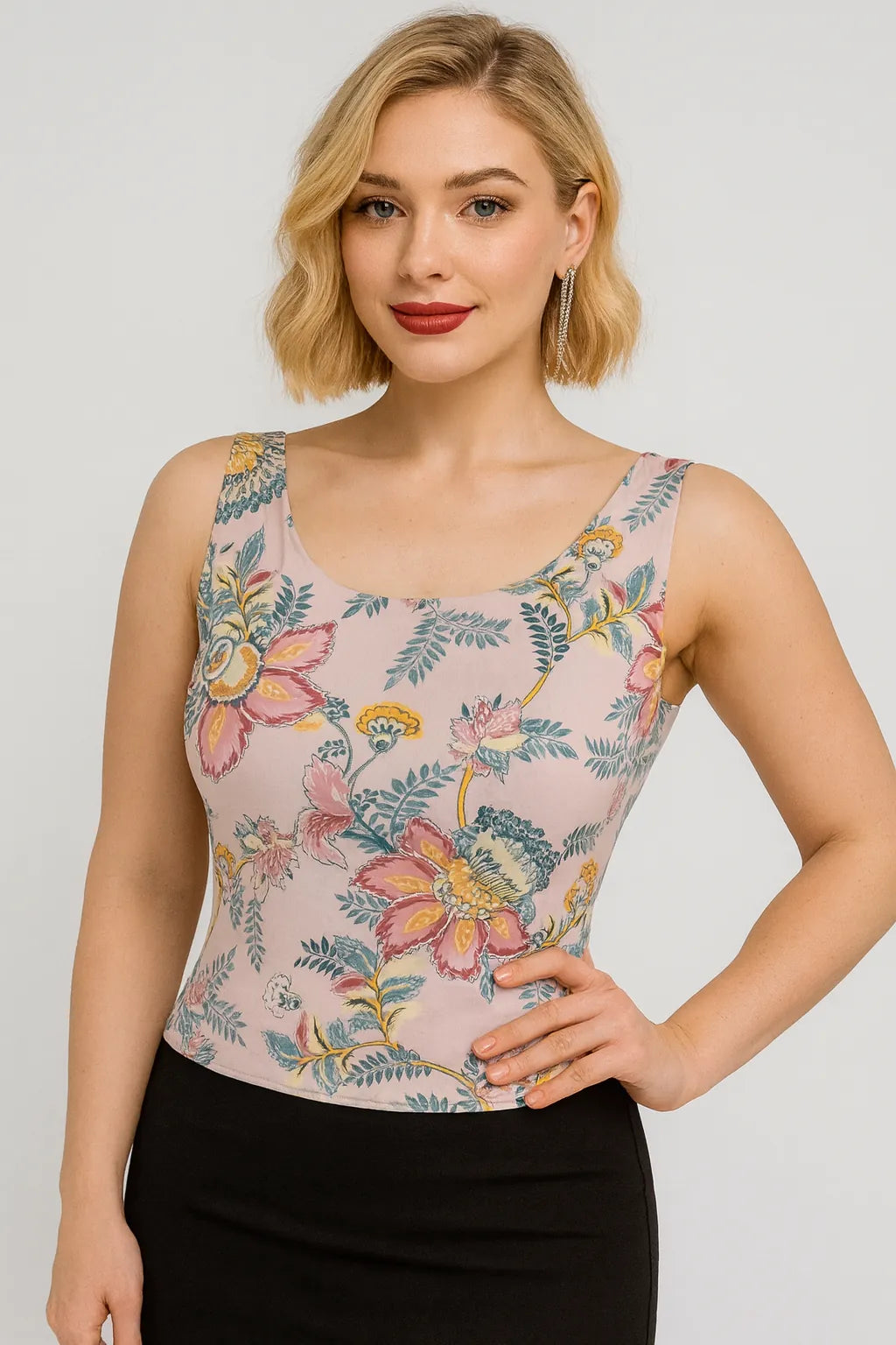 Woman wearing a floral sleeveless tango top