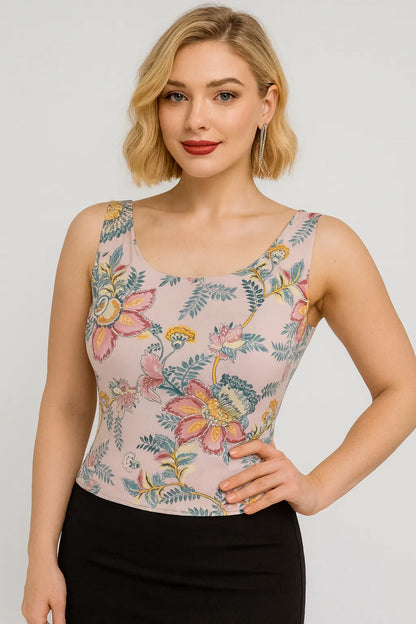 Woman wearing a floral sleeveless tango top