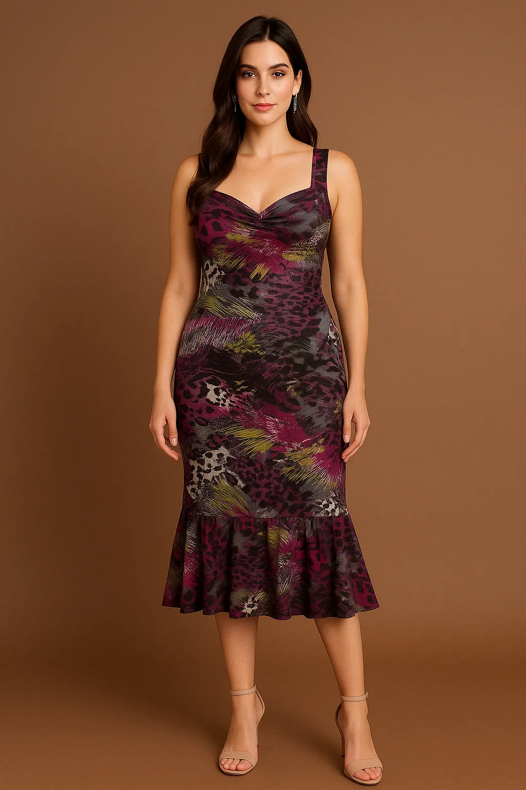 Woman wearing a floral and leopard print tango dress against a brown background