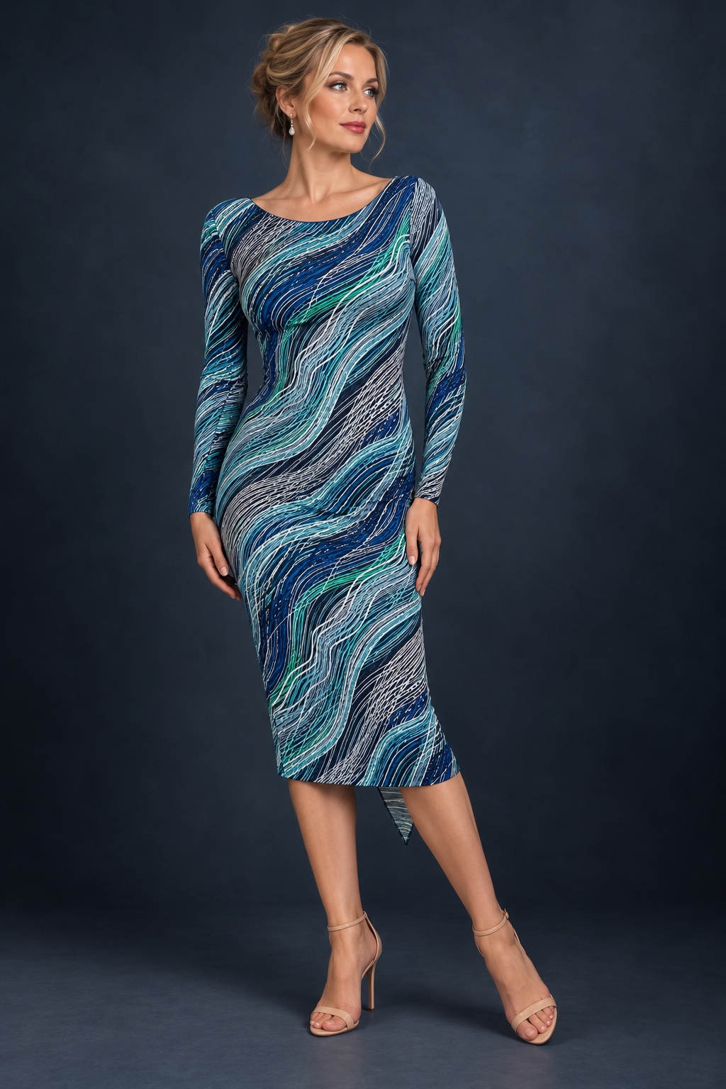 Front view of a women’s tango dress in silky textured stretch jersey with long sleeves, a fitted silhouette and asymmetric midi-length hem, designed for Argentine tango dancing.