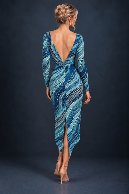 Back view of a women’s tango dress in silky textured stretch jersey with a deep V-shaped open back, decorative knot, asymmetric hem and back slit for freedom of movement.