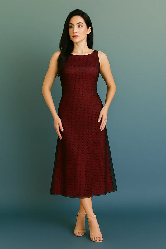 Woman wearing a burgundy tango dress