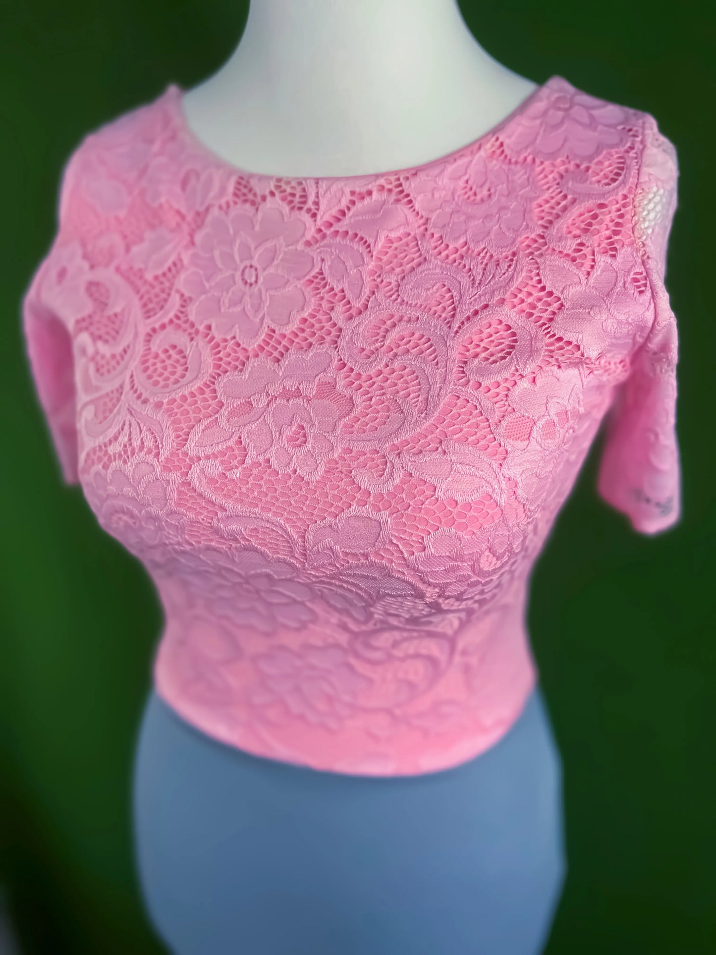 Tango dress with pink lace bodice and gray knit skirt