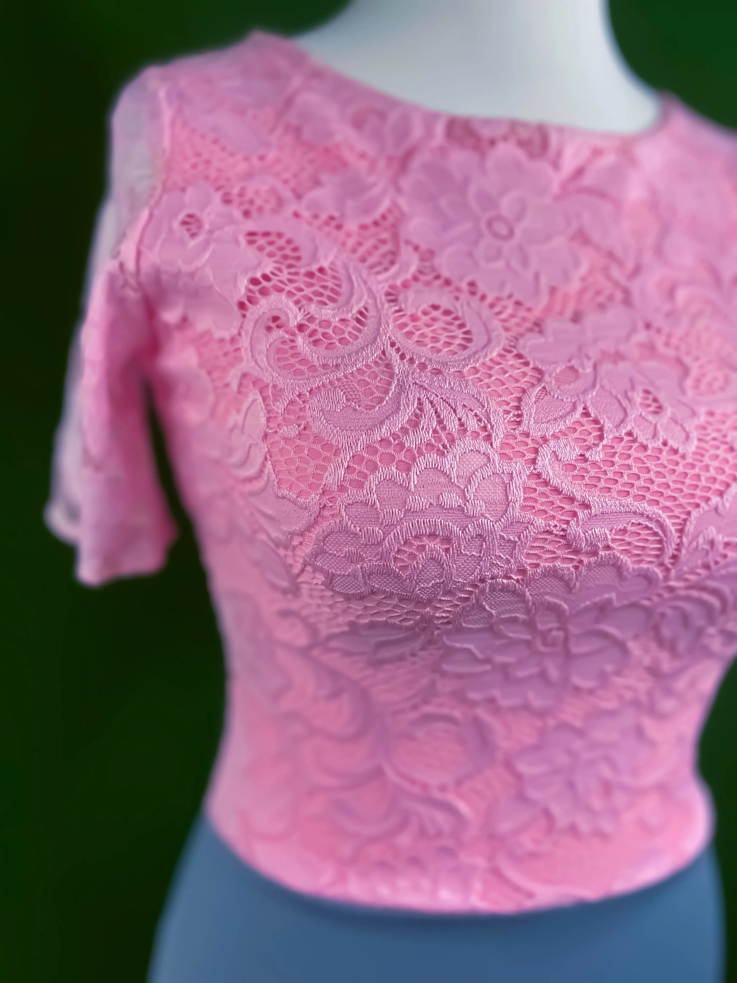 Tango dress with pink lace bodice and gray knit skirt