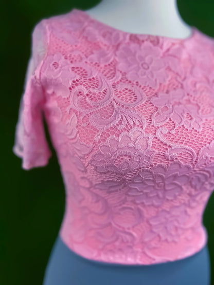 Tango dress with pink lace bodice and gray knit skirt