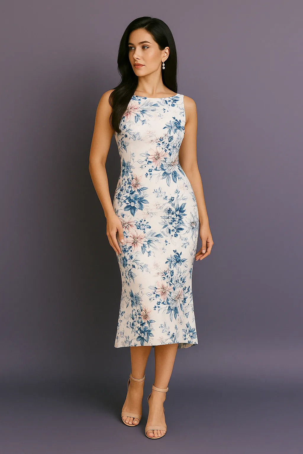 Woman wearing a floral tango dress against a purple background