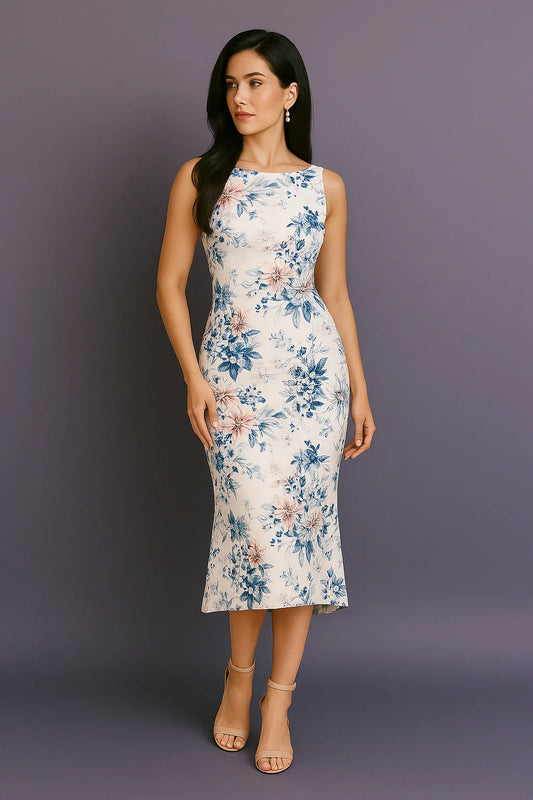 Woman wearing a floral tango dress against a purple background