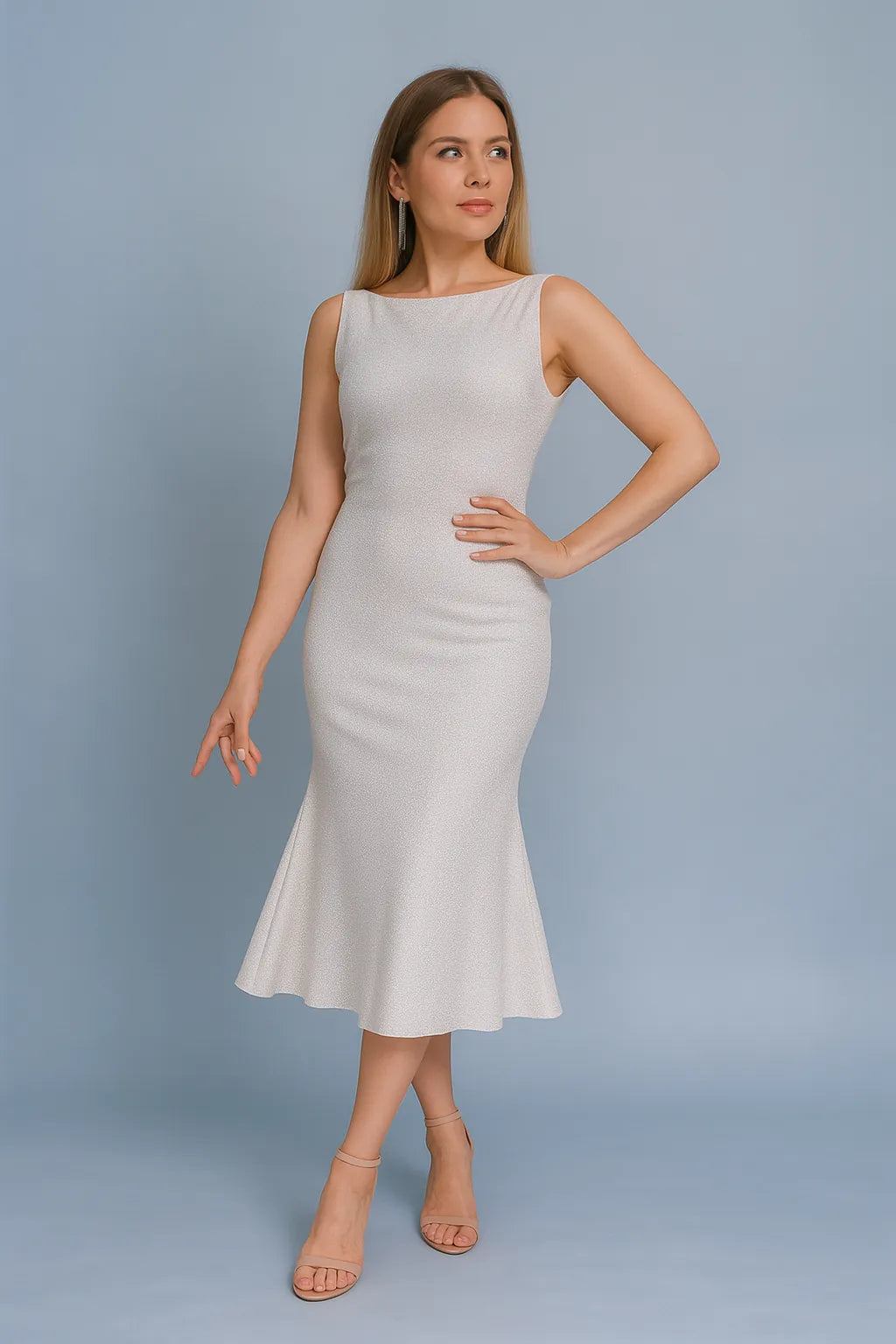 Woman wearing a light gray sleeveless tango dress against a plain background