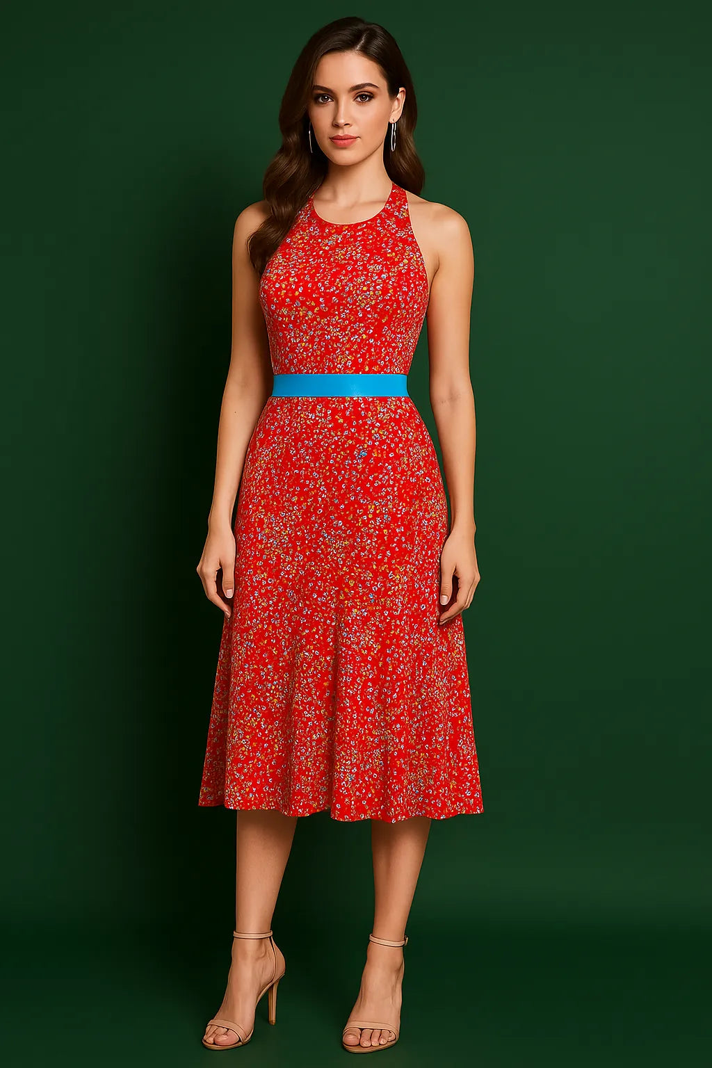 Woman wearing a red tango dress with a blue belt against a green background