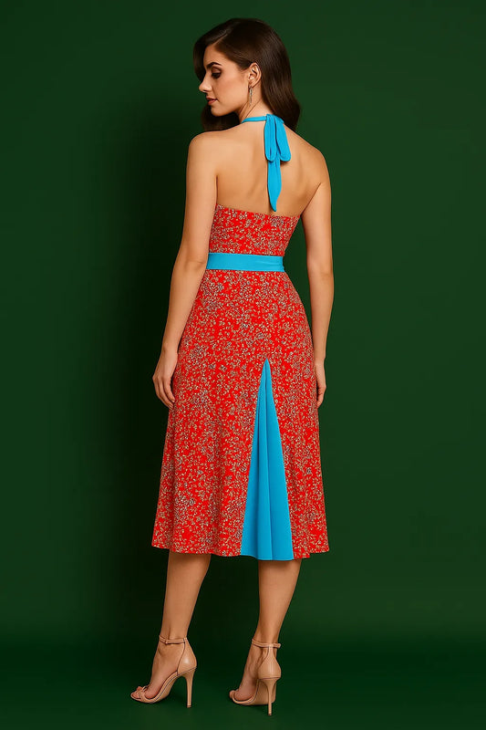 Turquoise-accented tango dress with flowing A-line silhouette