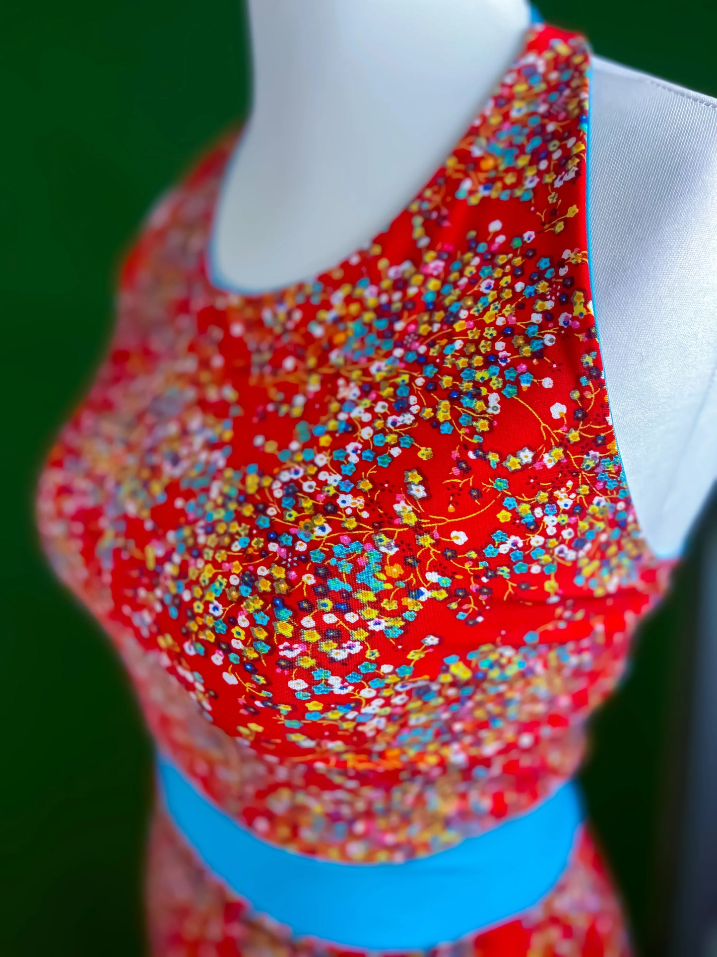 Turquoise-accented tango dress with flowing A-line silhouette