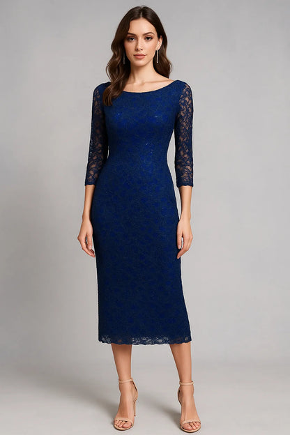 Woman wearing a blue lace tango dress with long sleeves on a gray background