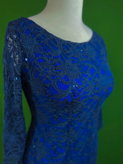 Navy lace tango dress with shimmering elegance