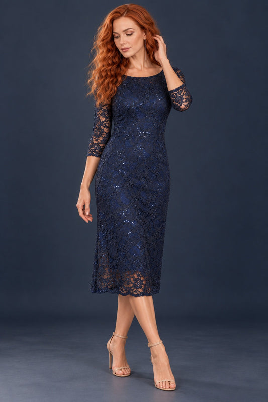 Navy blue sequin lace tango dress with three-quarter sheer sleeves, fitted midi silhouette and scalloped hem, front view.