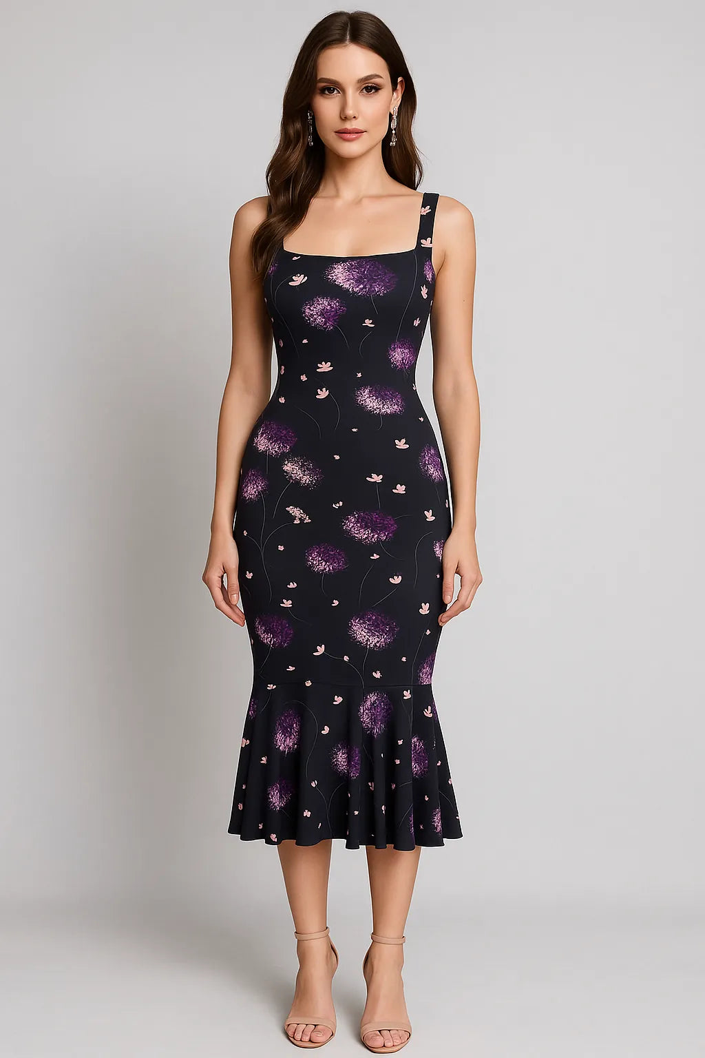 Woman wearing a black tango dress with purple floral pattern on a plain background