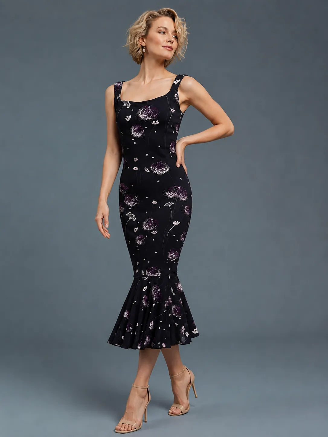 Midnight Floral Tango Dress with Flared Hem