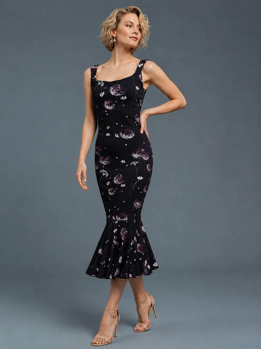Midnight Floral Tango Dress with Flared Hem