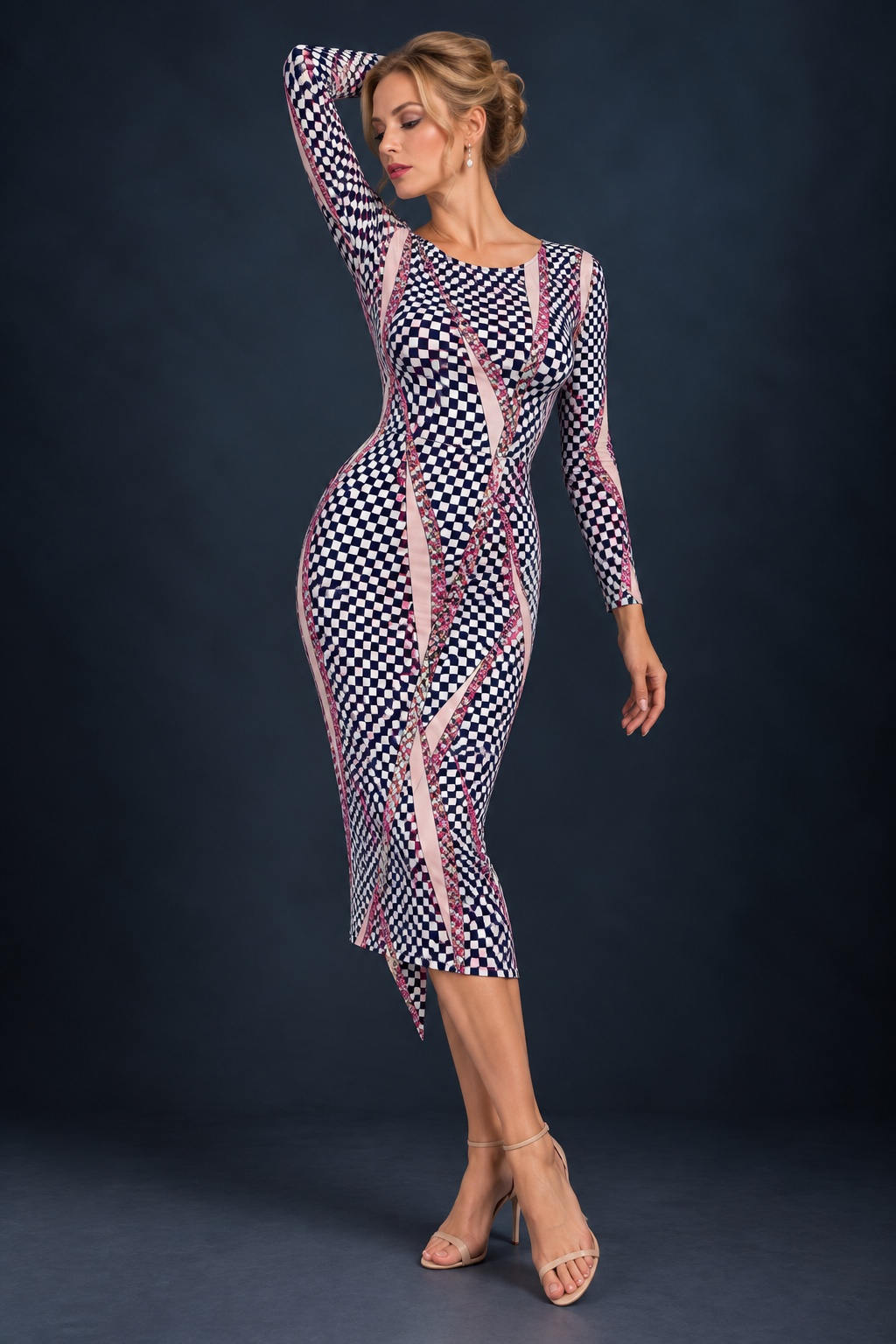 Front view of a women’s tango dress in silky textured stretch jersey with long sleeves, a fitted silhouette and asymmetric midi-length hem, designed for Argentine tango dancing.