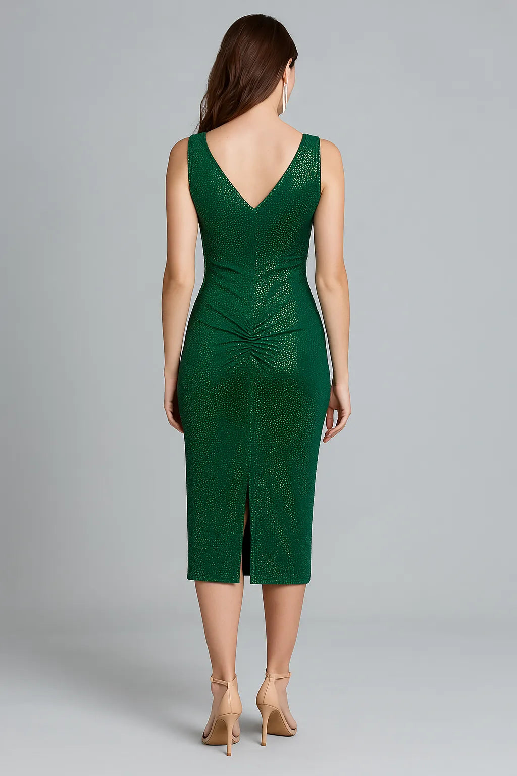 Emerald green velvet tango dress with deep V-neckline