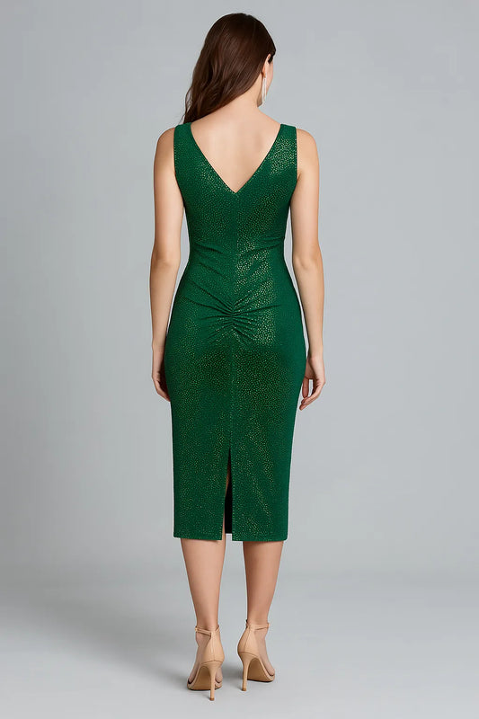 Emerald green velvet tango dress with deep V-neckline