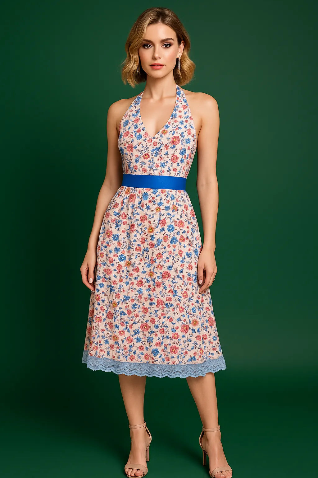 Woman wearing a floral tango dress with a blue belt against a green background