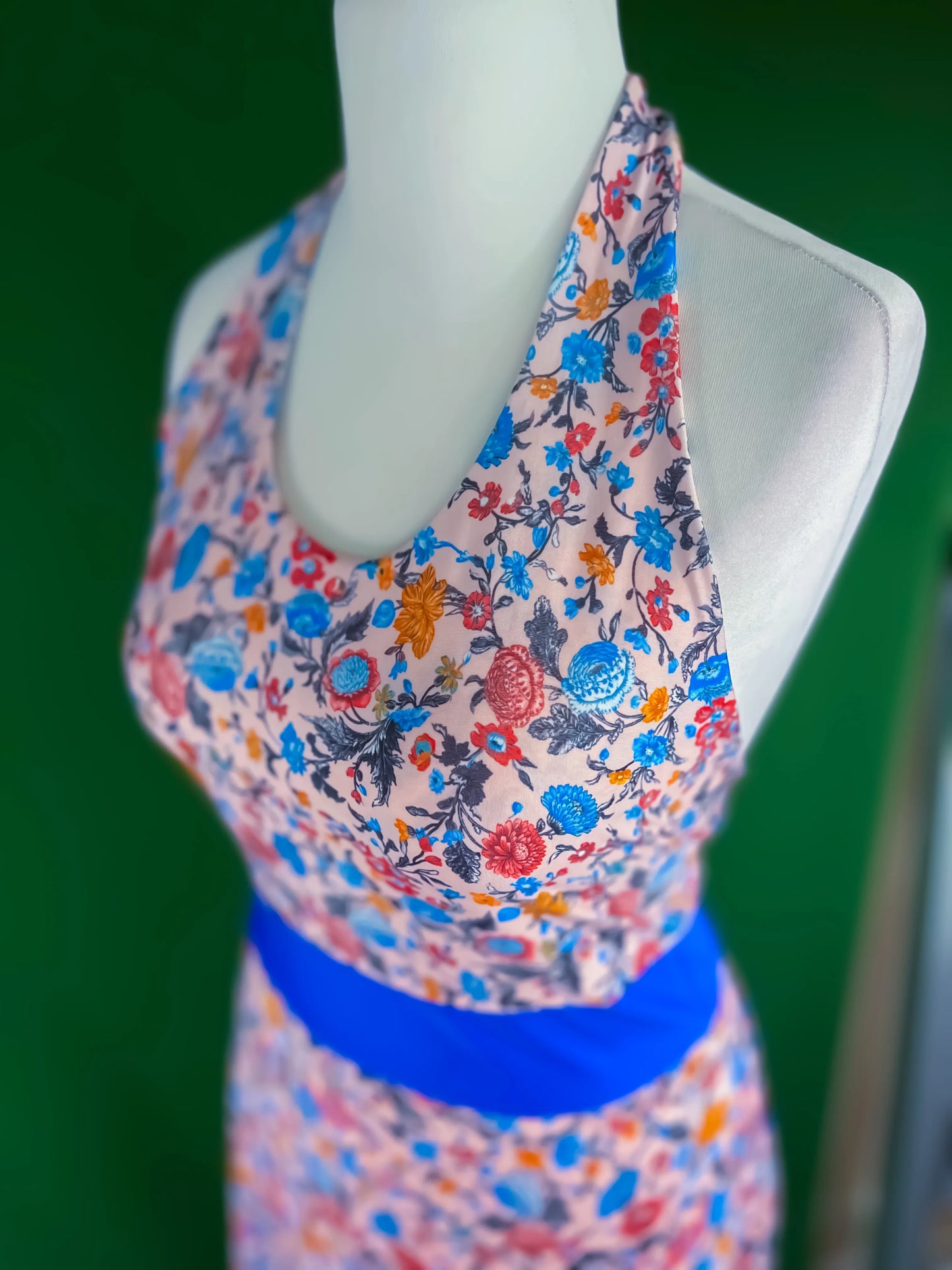 Delicate silky tango dress with contrasting blue waistband