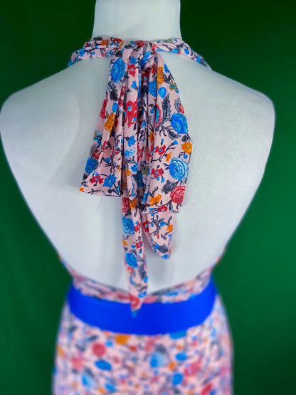 Delicate silky tango dress with contrasting blue waistband