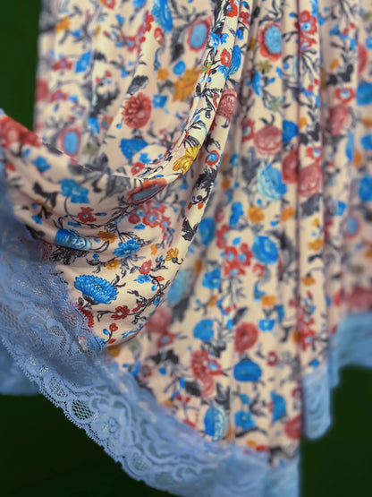 Delicate silky tango dress with contrasting blue waistband