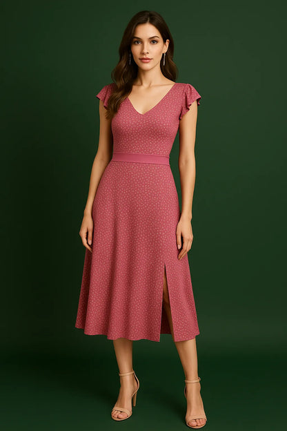 Woman wearing a pink tango dress with a green background