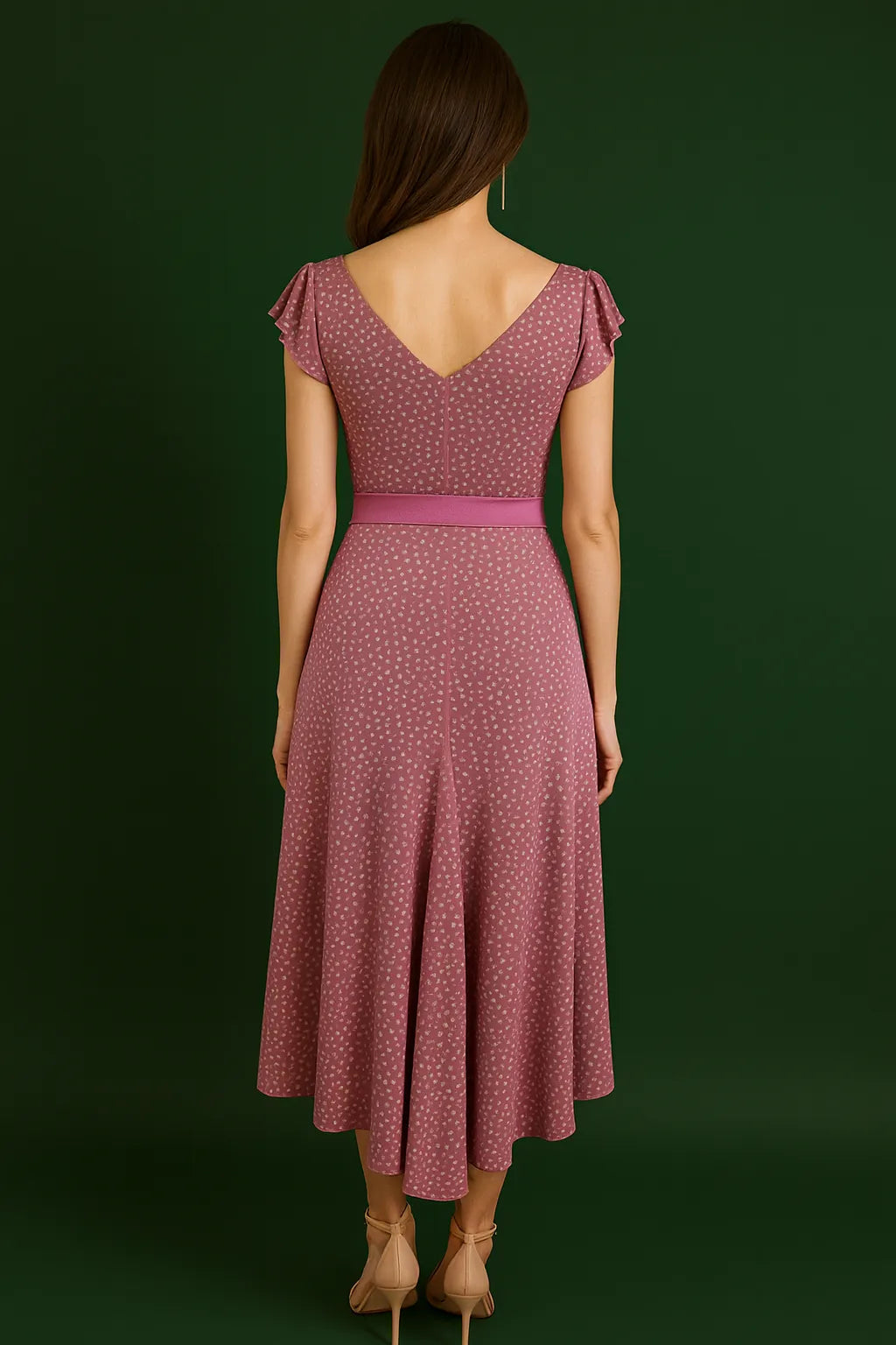 Stretch jersey tango dress with flutter sleeves and waist belt