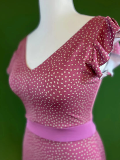 Stretch jersey tango dress with flutter sleeves and waist belt