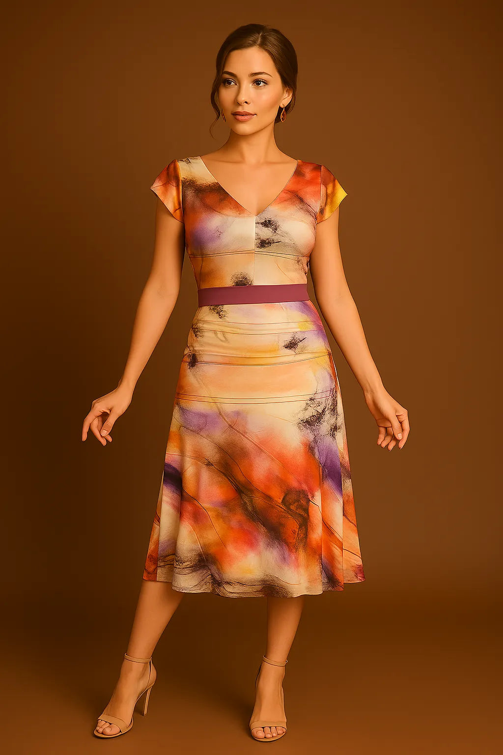 Woman wearing a colorful tango dress against a brown background