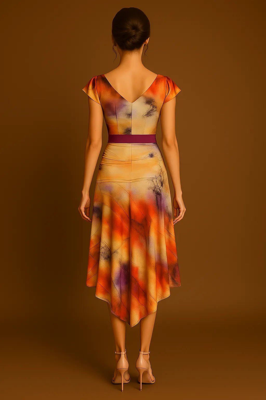 Stretch jersey tango dress with flutter sleeves and flowing skirt