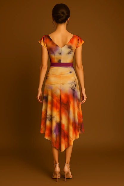 Stretch jersey tango dress with flutter sleeves and flowing skirt