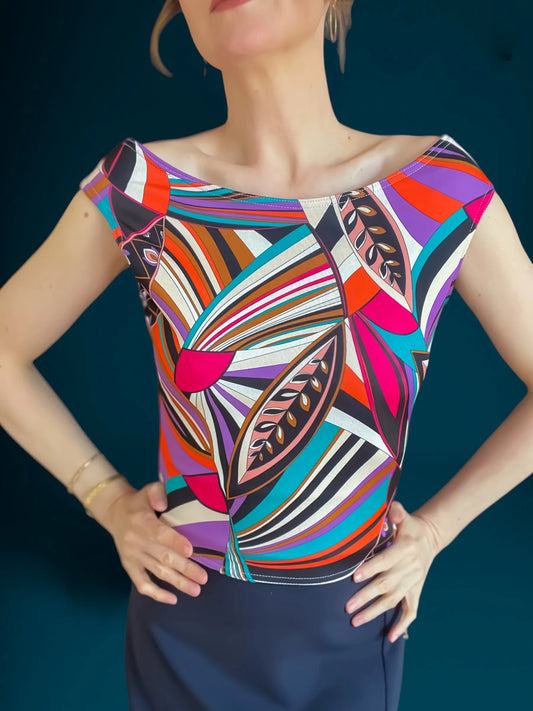 Vibrant printed jersey top with semi-open back