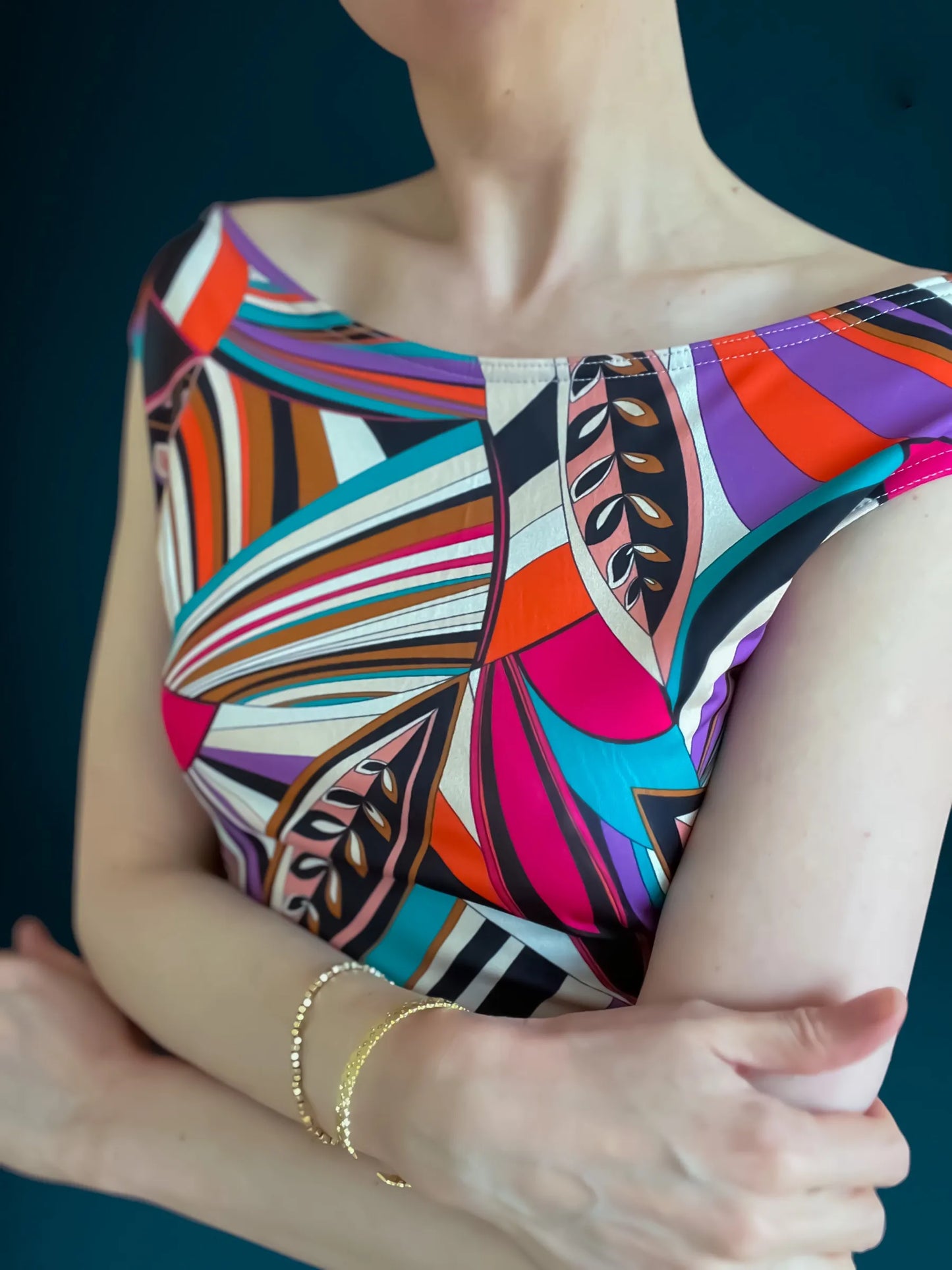 Vibrant printed jersey top with semi-open back