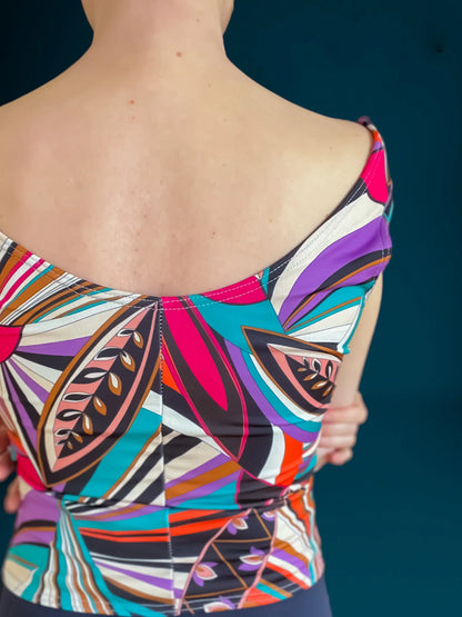 Vibrant printed jersey top with semi-open back