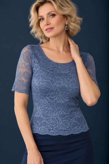 Women’s lace tango top with floral lace, jersey-lined body, sheer short sleeves and a fitted silhouette.