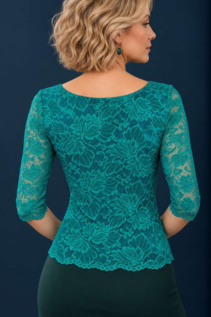 Back view of a women’s floral lace tango top with jersey lining, sheer three-quarter sleeves and a fitted silhouette.