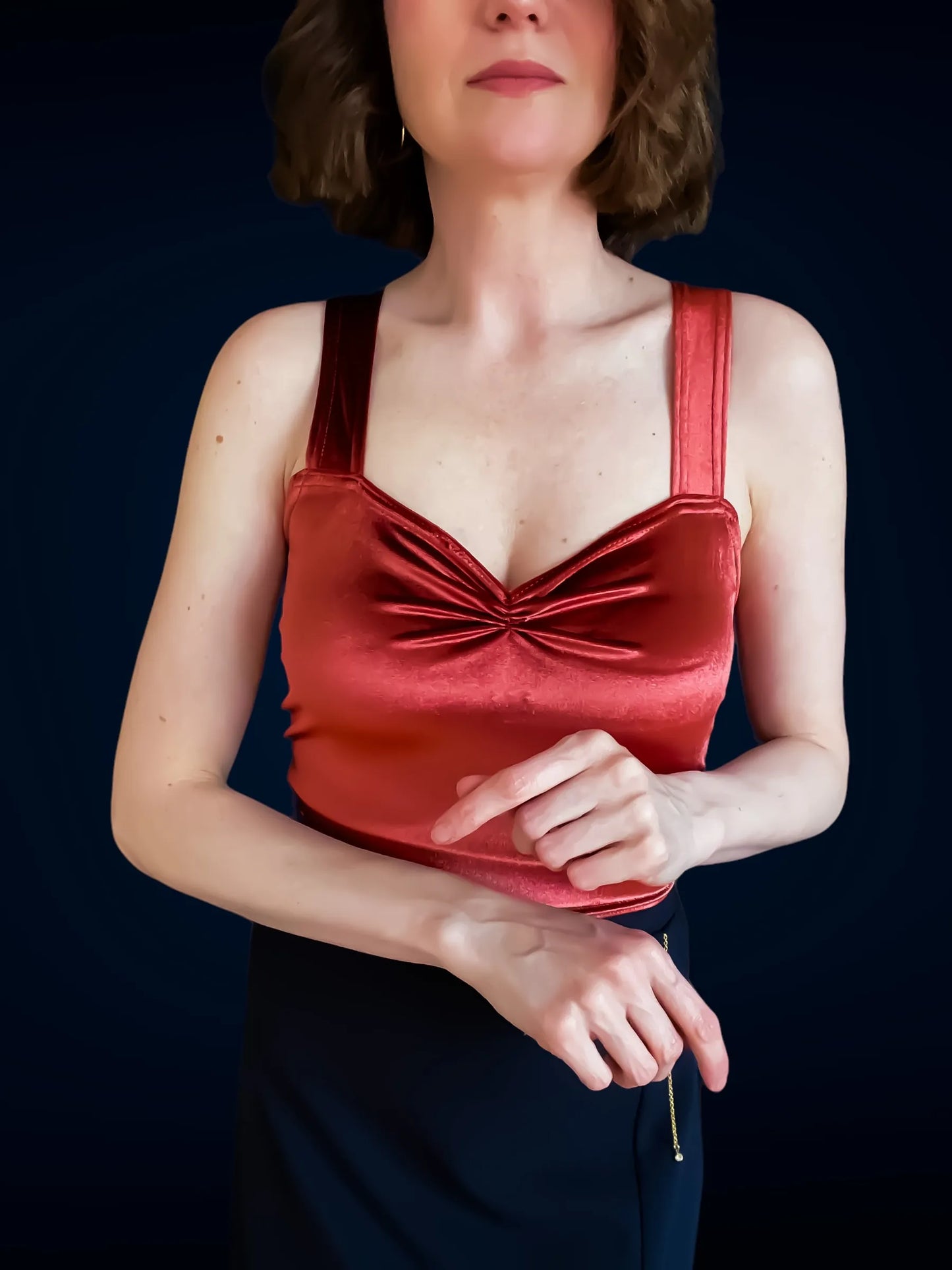 Velvet tango top with wide straps and optional bust gathers
