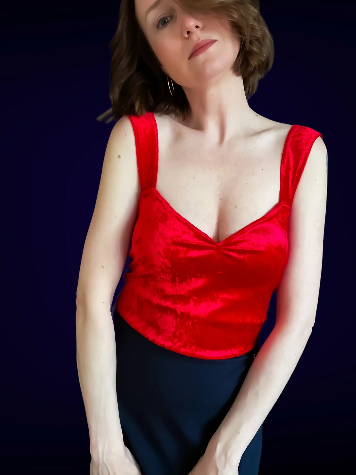 Velvet tango top with wide straps and optional bust gathers