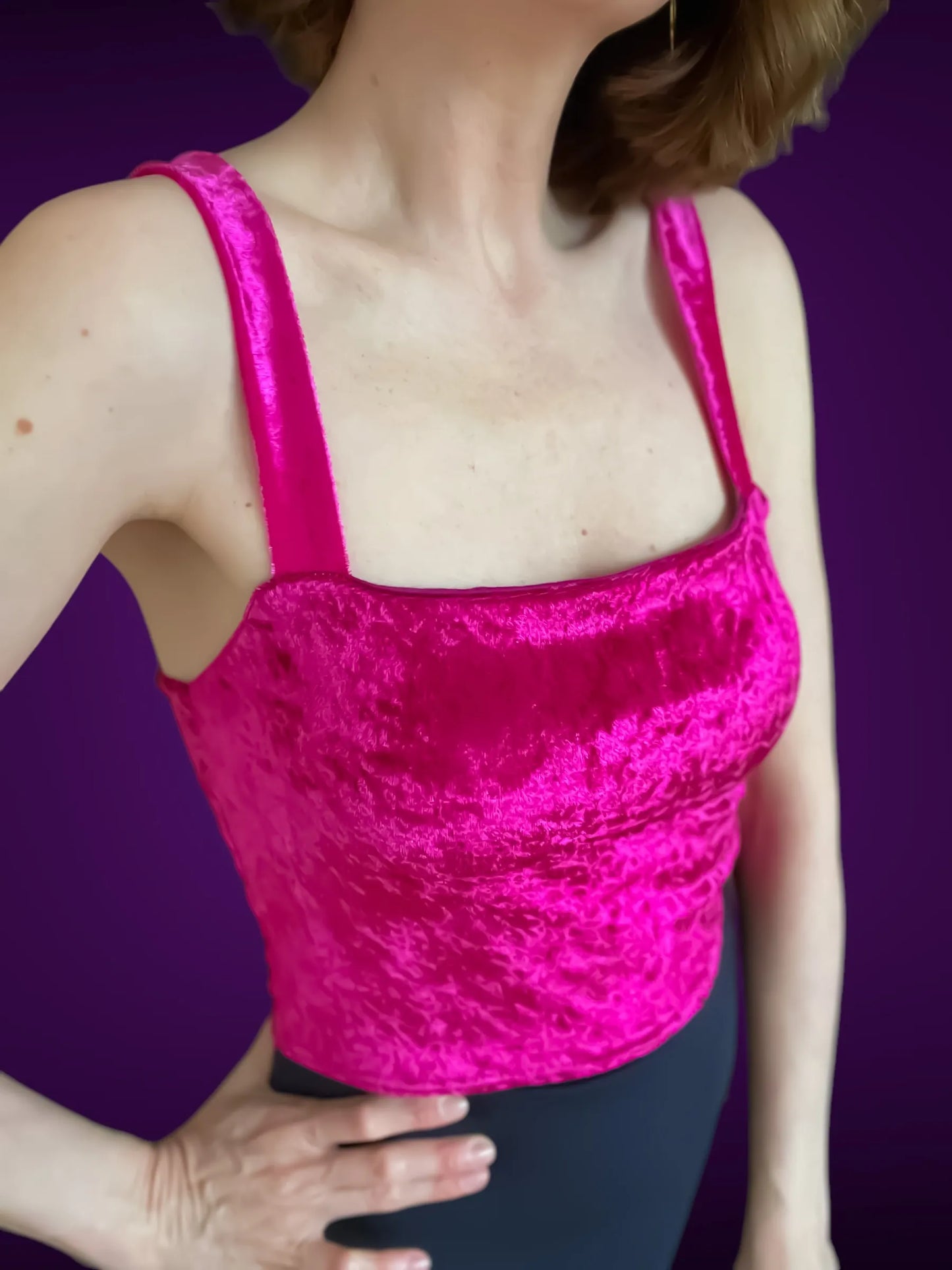 Velvet tango top with wide straps and optional bust gathers