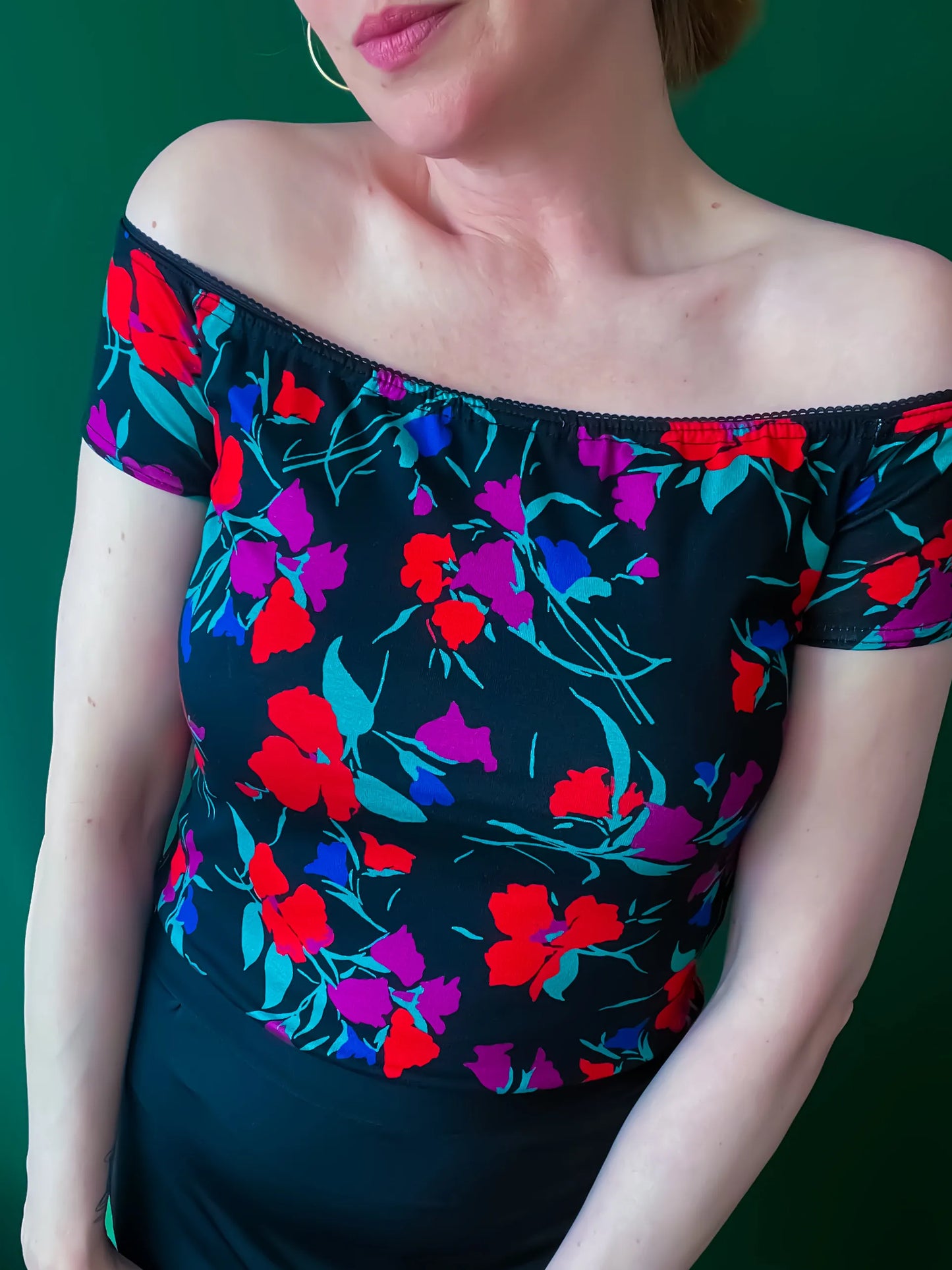 Floral viscose tango top with off-shoulder design