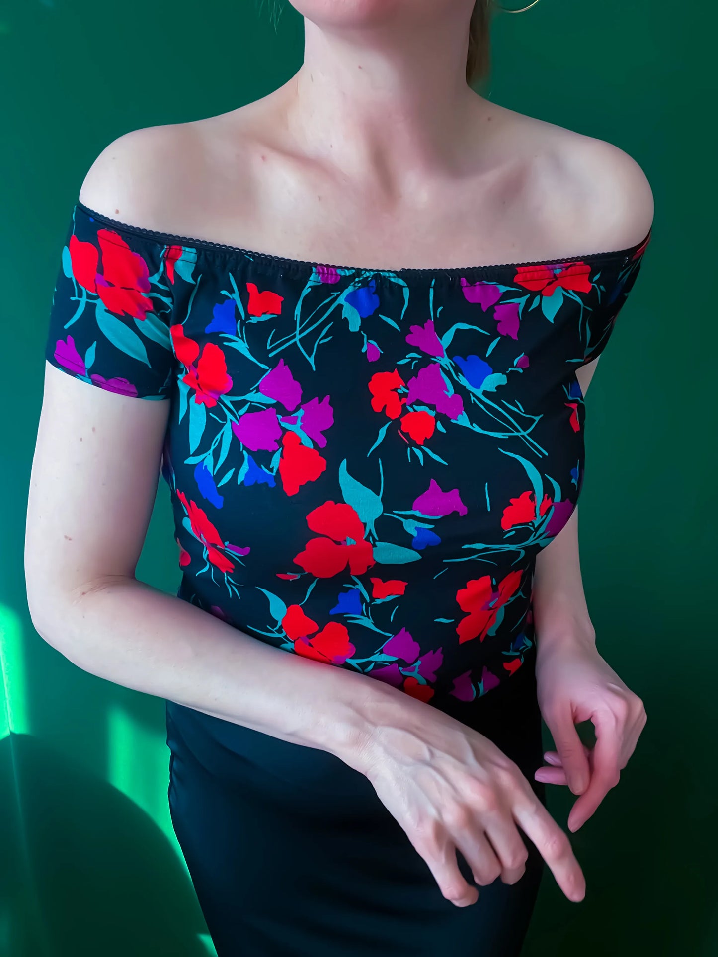 Floral viscose tango top with off-shoulder design