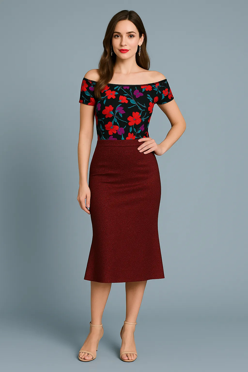 Floral viscose tango top with off-shoulder design