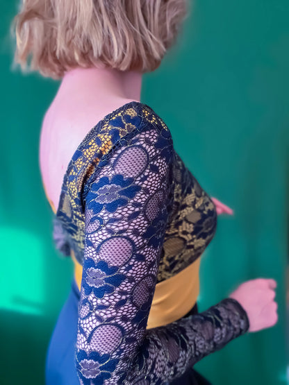 Navy lace tango top with golden accents - one of a kind