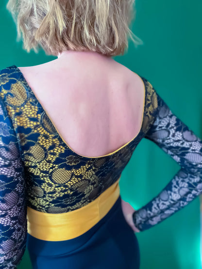 Navy lace tango top with golden accents - one of a kind